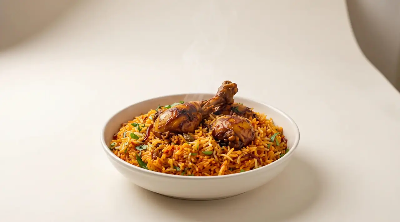 Chicken dum biryani in a white bowl